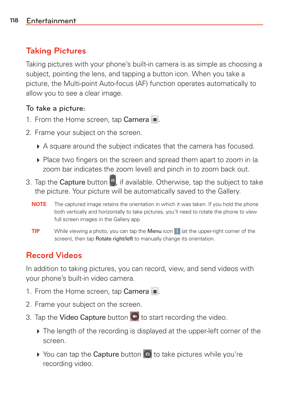 Taking pictures, Record videos, Entertainment | LG LGVS985 User Manual | Page 120 / 245
