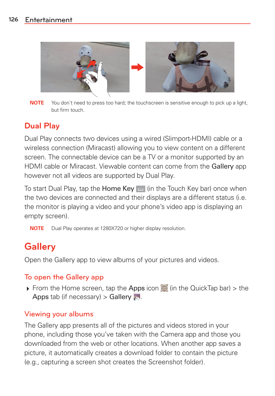 Gallery, Dual play, Entertainment | Viewing your albums | LG LGVS985 User Manual | Page 128 / 245