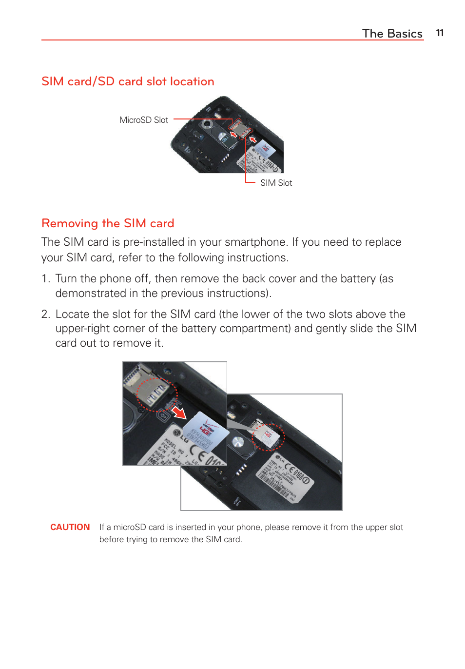 The basics sim card/sd card slot location, Removing the sim card | LG LGVS985 User Manual | Page 13 / 245