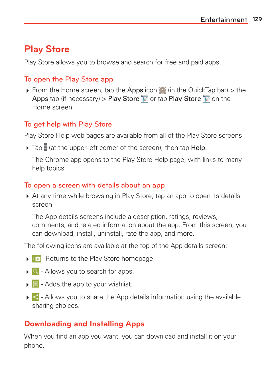 Play store, Downloading and installing apps | LG LGVS985 User Manual | Page 131 / 245