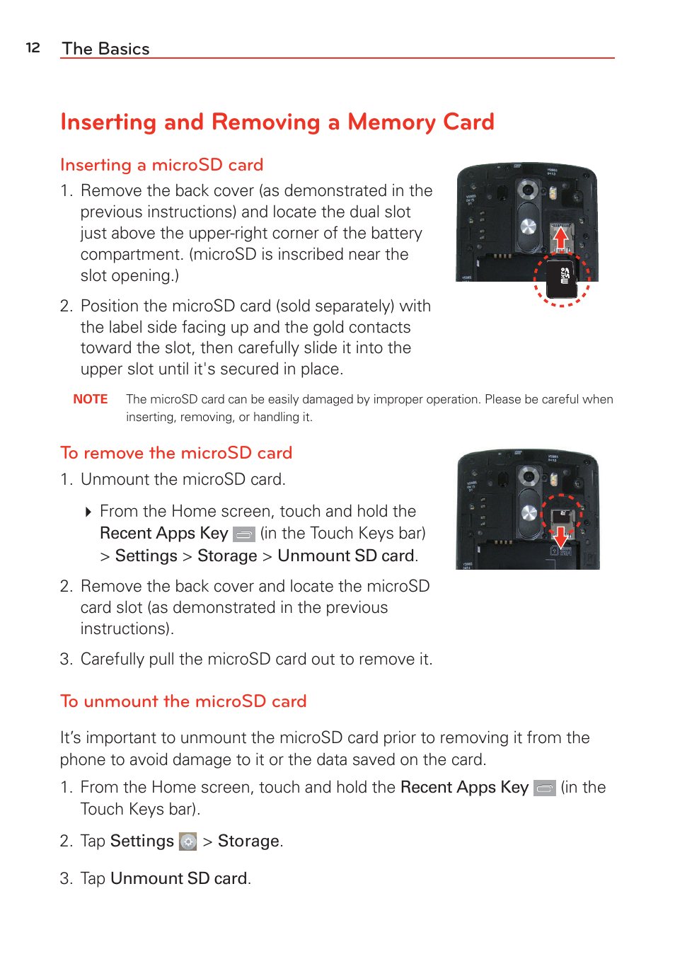 Inserting and removing a memory card | LG LGVS985 User Manual | Page 14 / 245