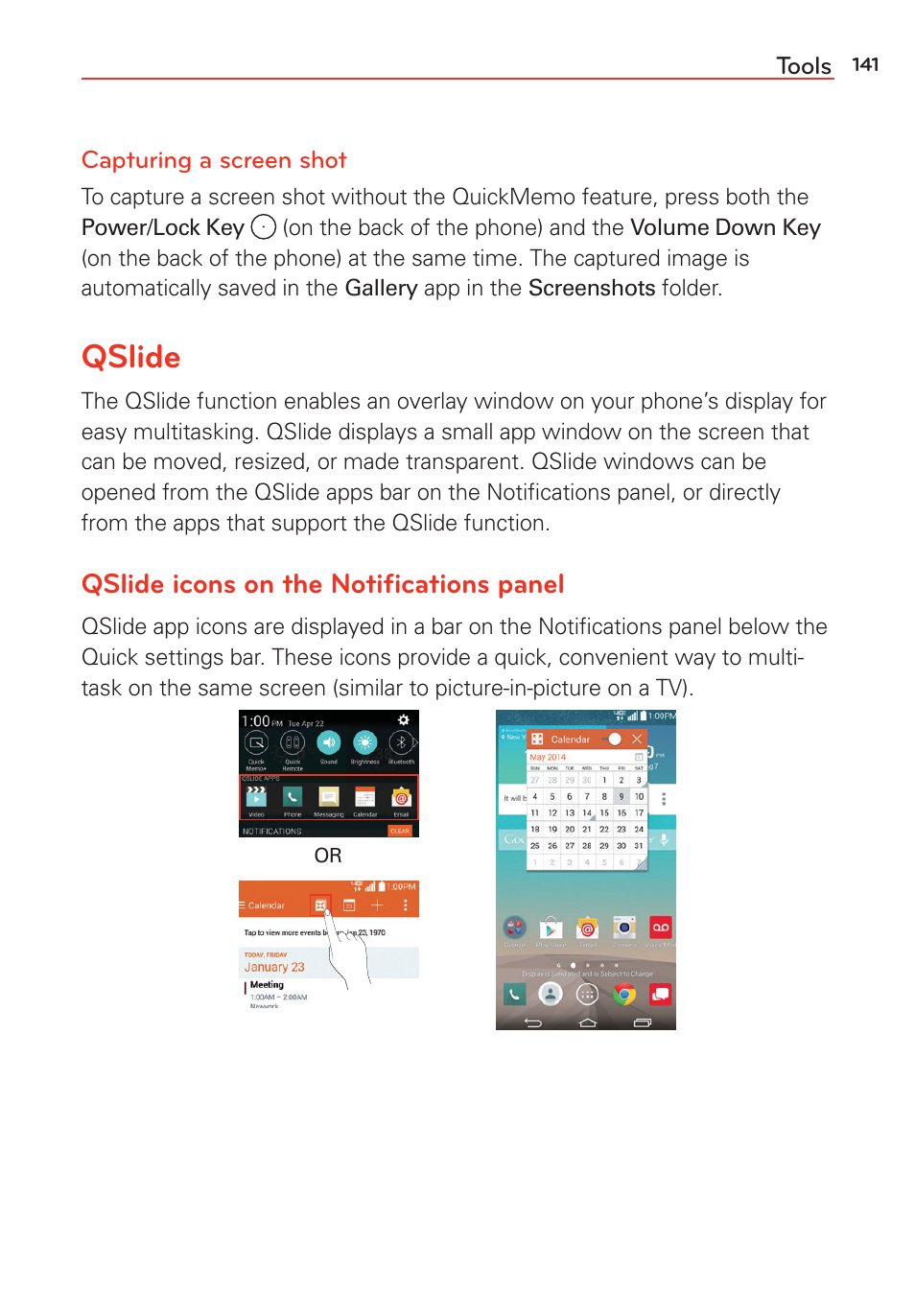 Qslide, Qslide icons on the notiﬁcations panel | LG LGVS985 User Manual | Page 143 / 245