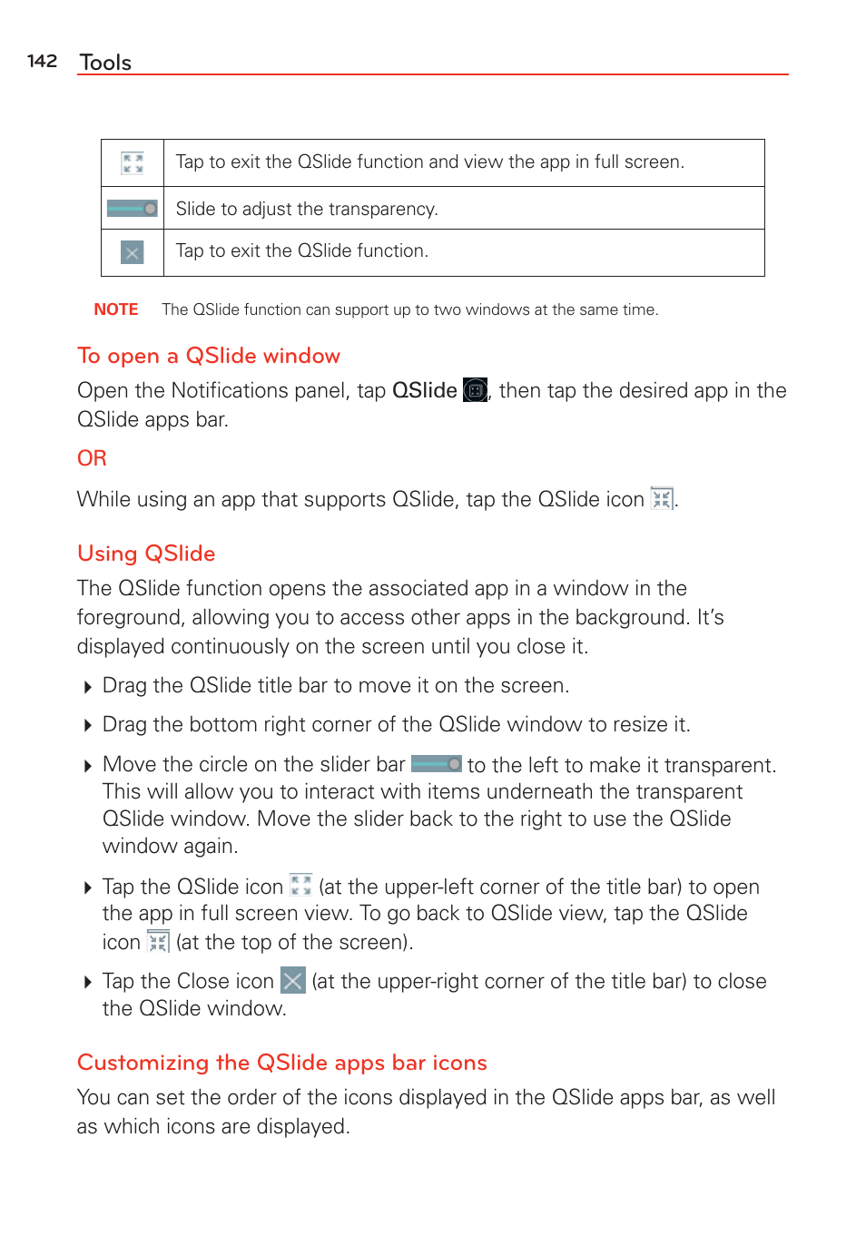 Tools, Using qslide, Customizing the qslide apps bar icons | LG LGVS985 User Manual | Page 144 / 245