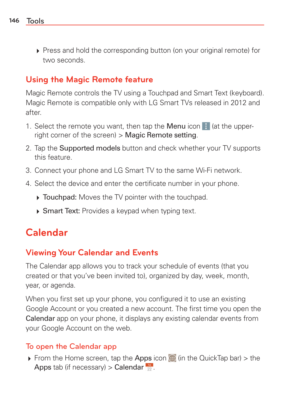 Calendar, Using the magic remote feature, Viewing your calendar and events | LG LGVS985 User Manual | Page 148 / 245