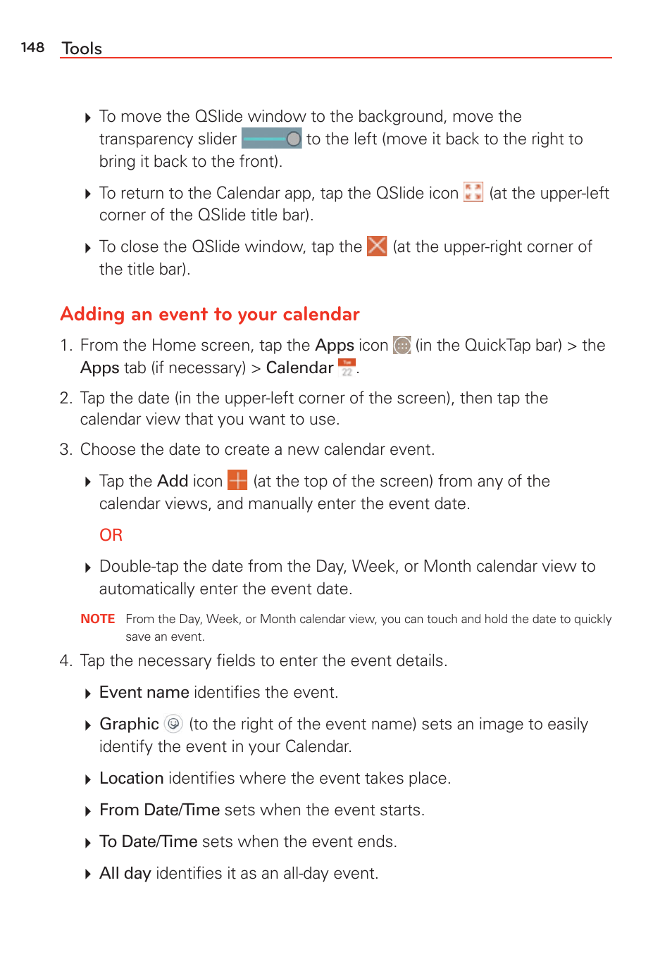 Adding an event to your calendar | LG LGVS985 User Manual | Page 150 / 245