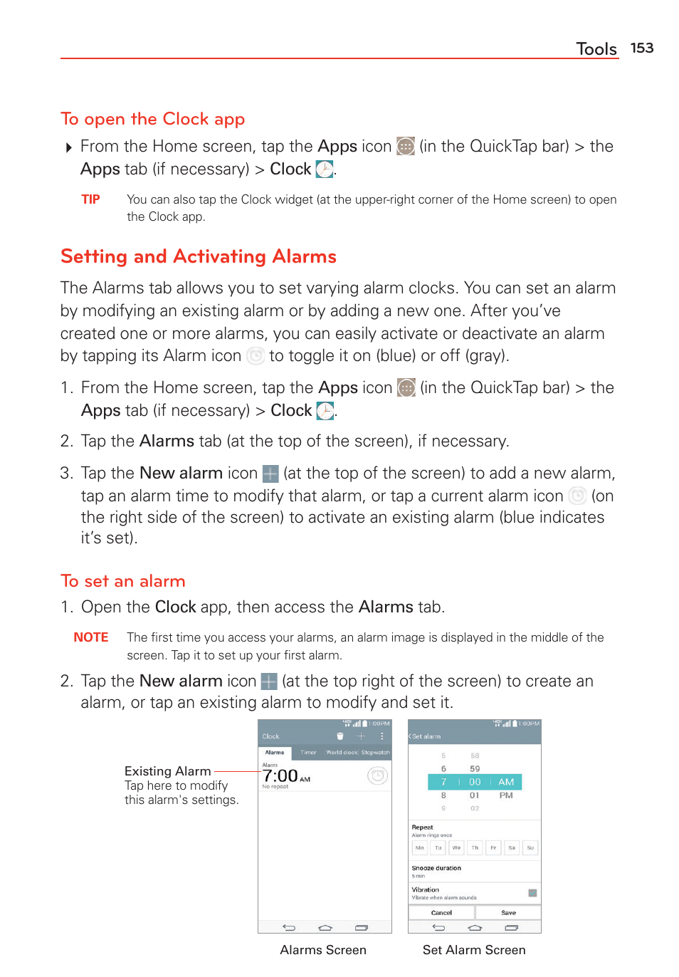 Setting and activating alarms, Tools to open the clock app | LG LGVS985 User Manual | Page 155 / 245