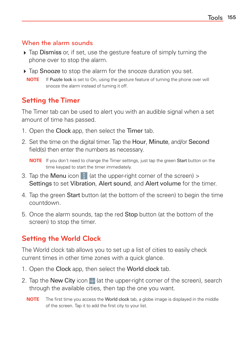 Setting the timer, Setting the world clock, Tools when the alarm sounds | LG LGVS985 User Manual | Page 157 / 245