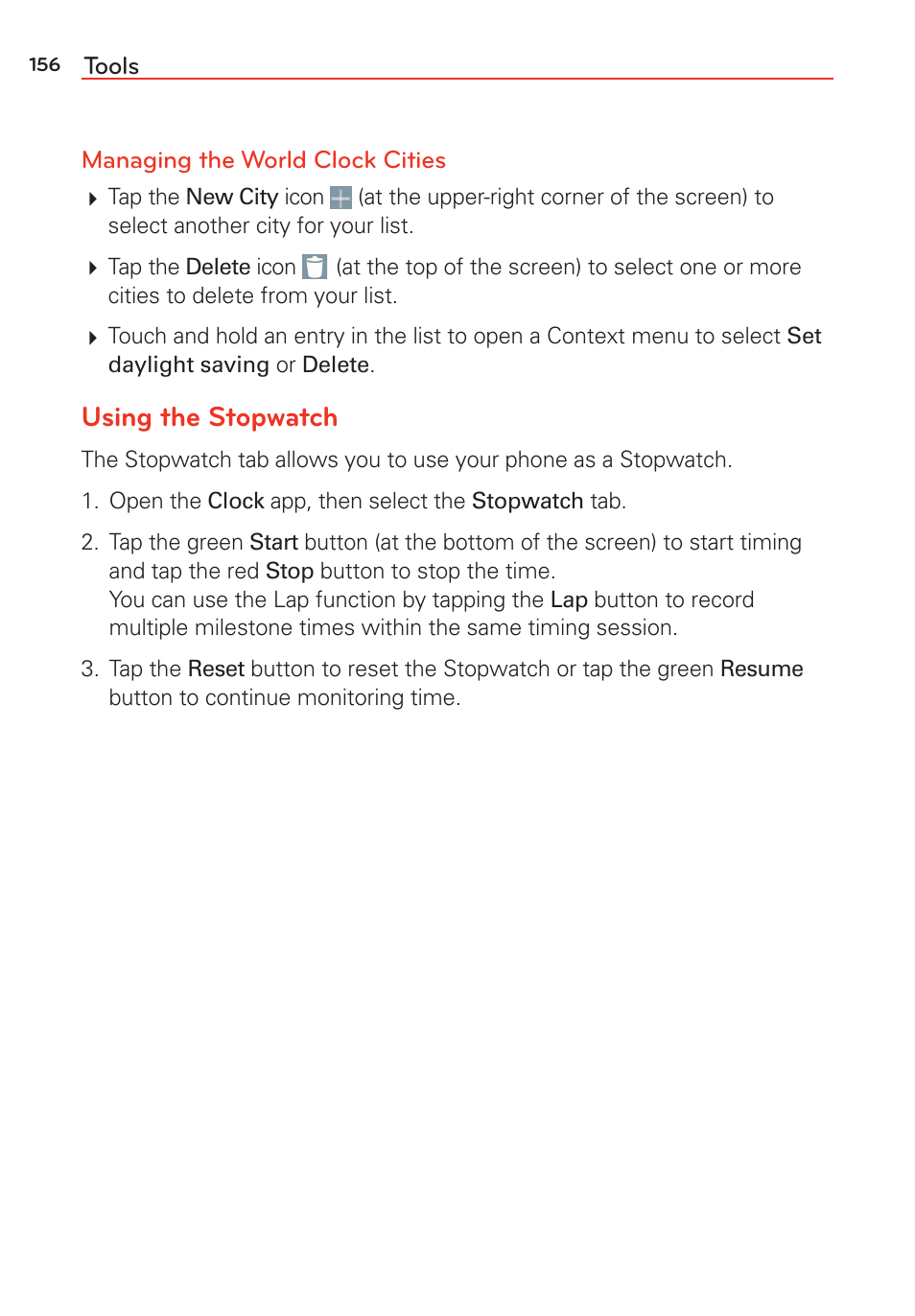 Using the stopwatch | LG LGVS985 User Manual | Page 158 / 245