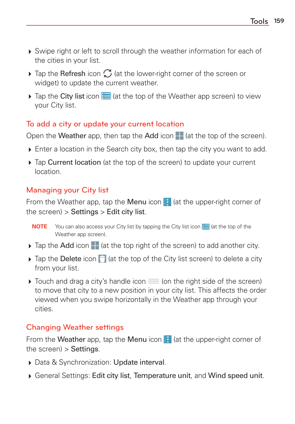 Tools, Managing your city list, Changing weather settings | LG LGVS985 User Manual | Page 161 / 245