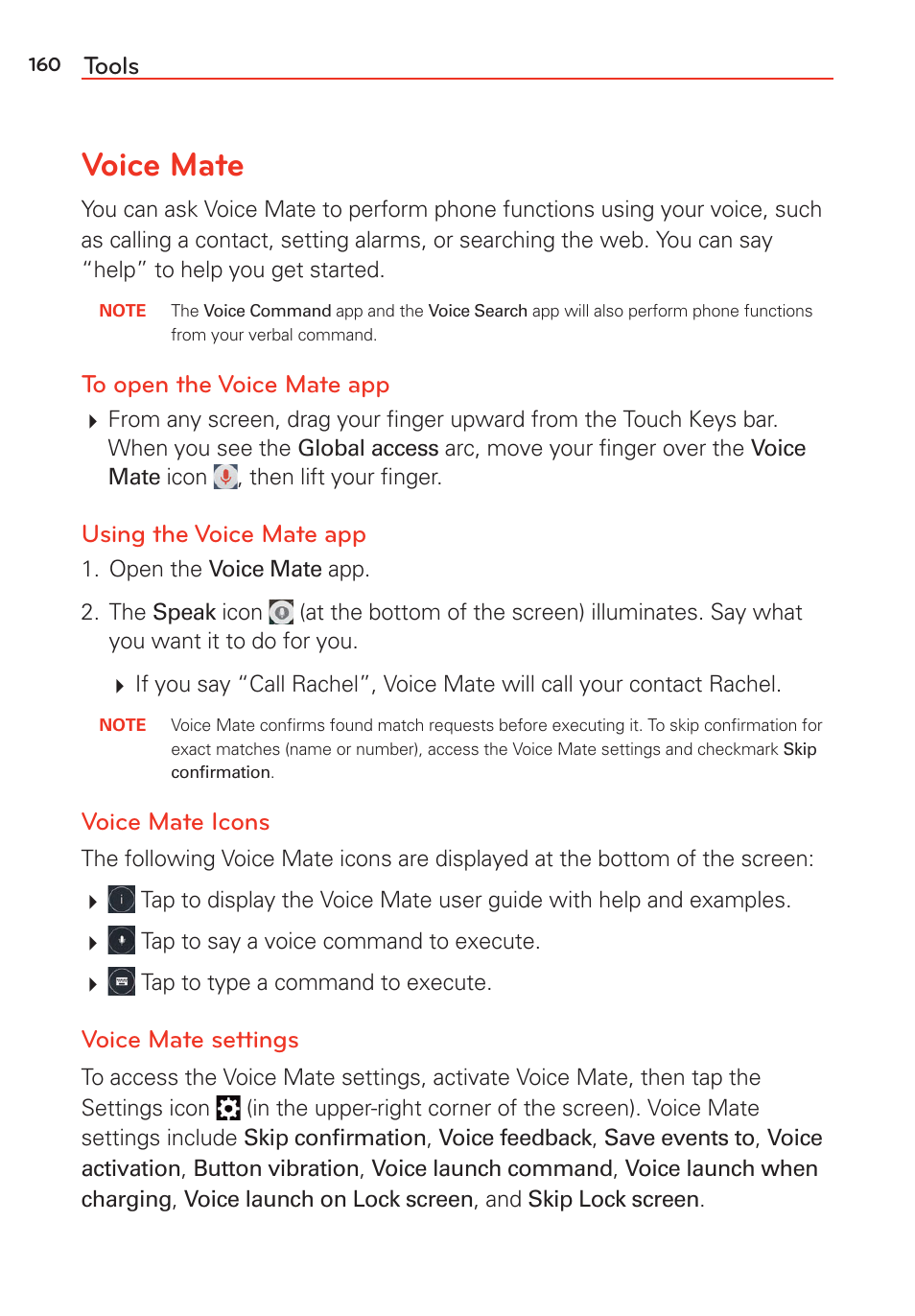 Voice mate, Tools, Using the voice mate app | Voice mate icons, Voice mate settings | LG LGVS985 User Manual | Page 162 / 245