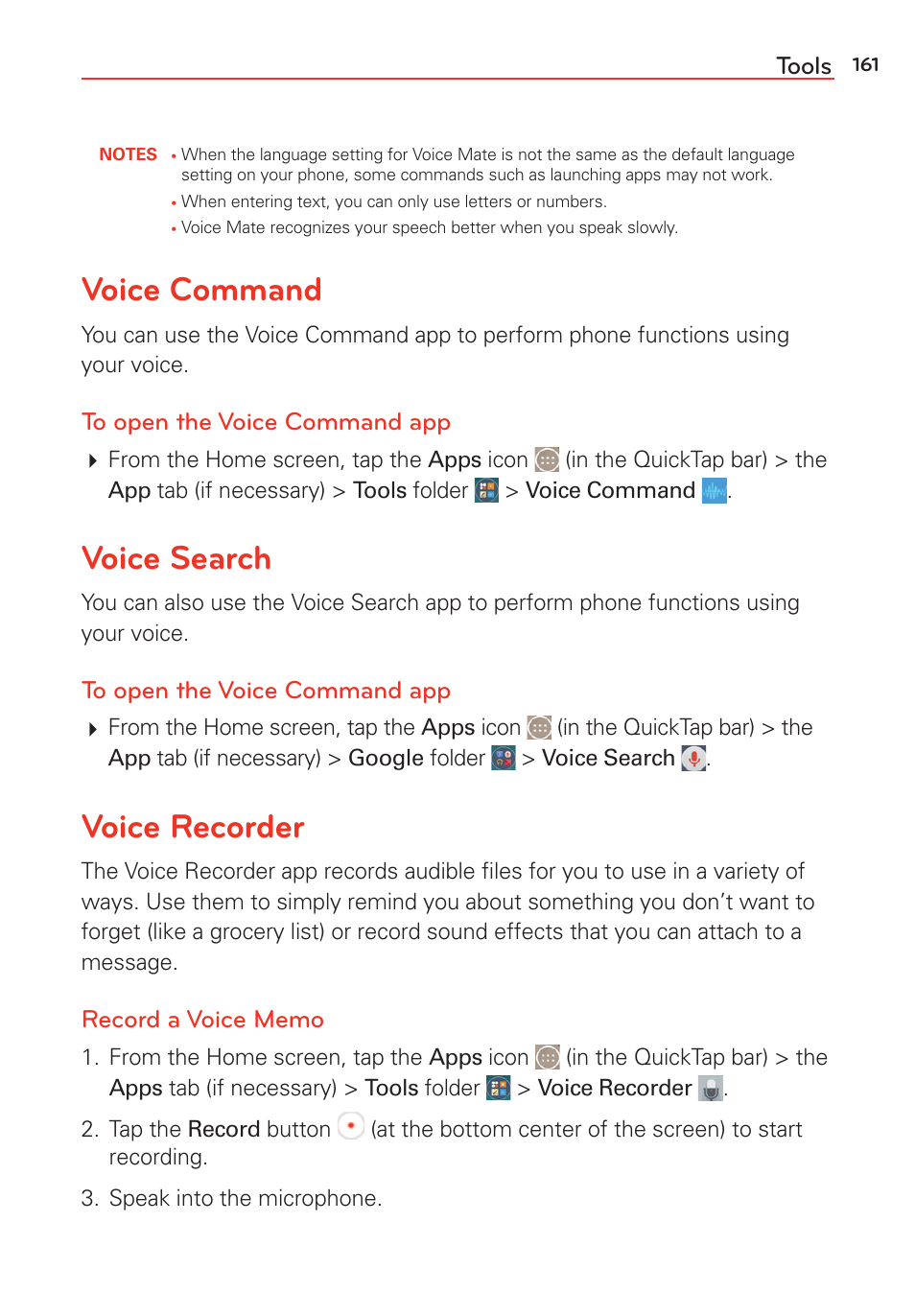 Voice command, Voice search, Voice recorder | Voice command voice search voice recorder, Tools | LG LGVS985 User Manual | Page 163 / 245