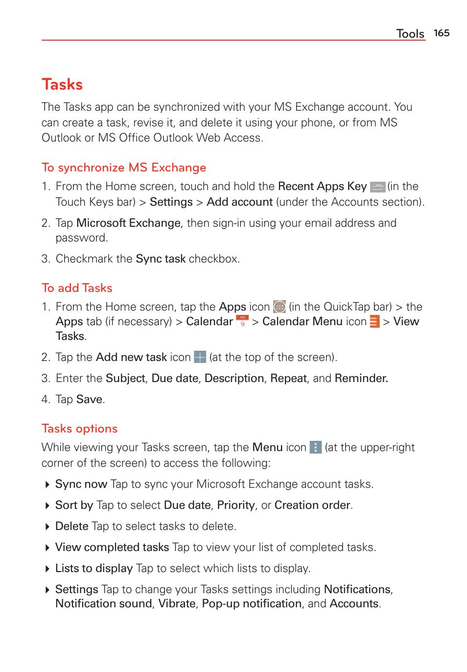 Tasks | LG LGVS985 User Manual | Page 167 / 245