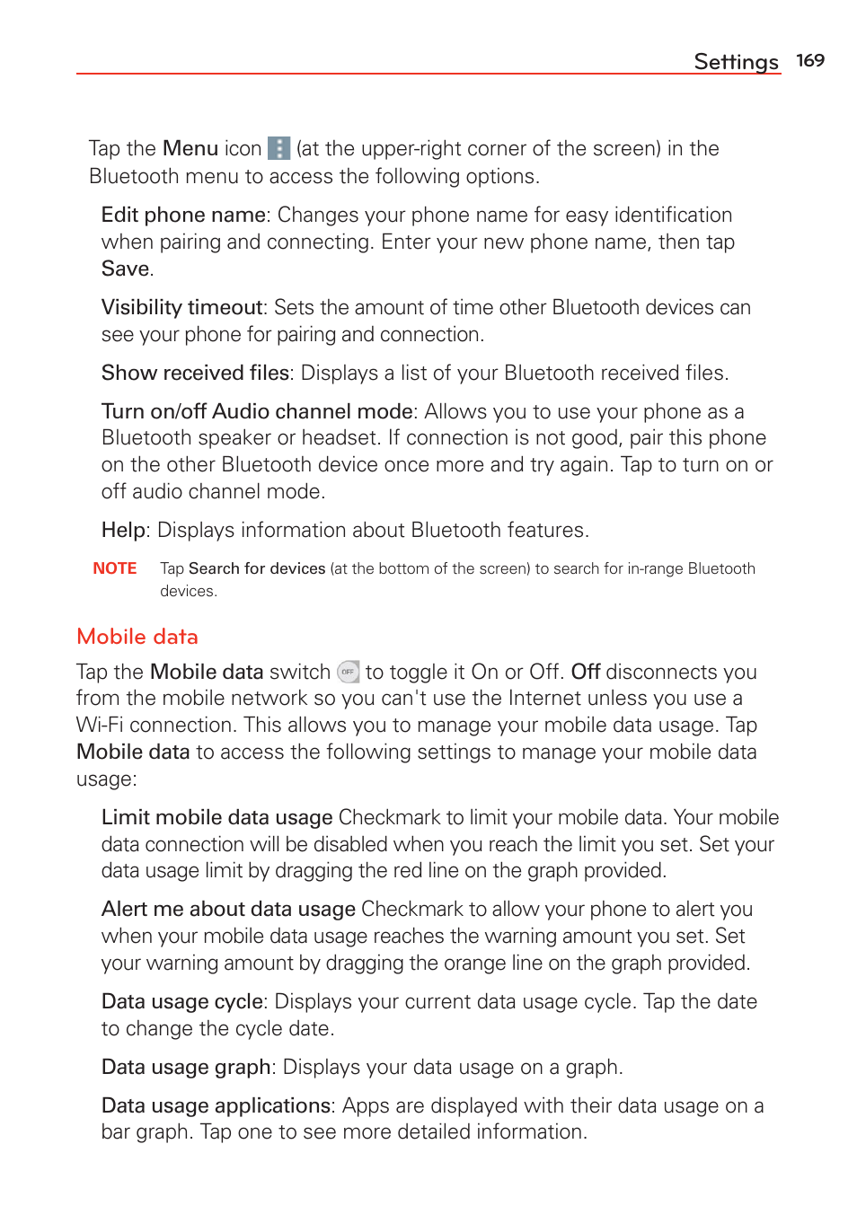 Settings, Mobile data | LG LGVS985 User Manual | Page 171 / 245