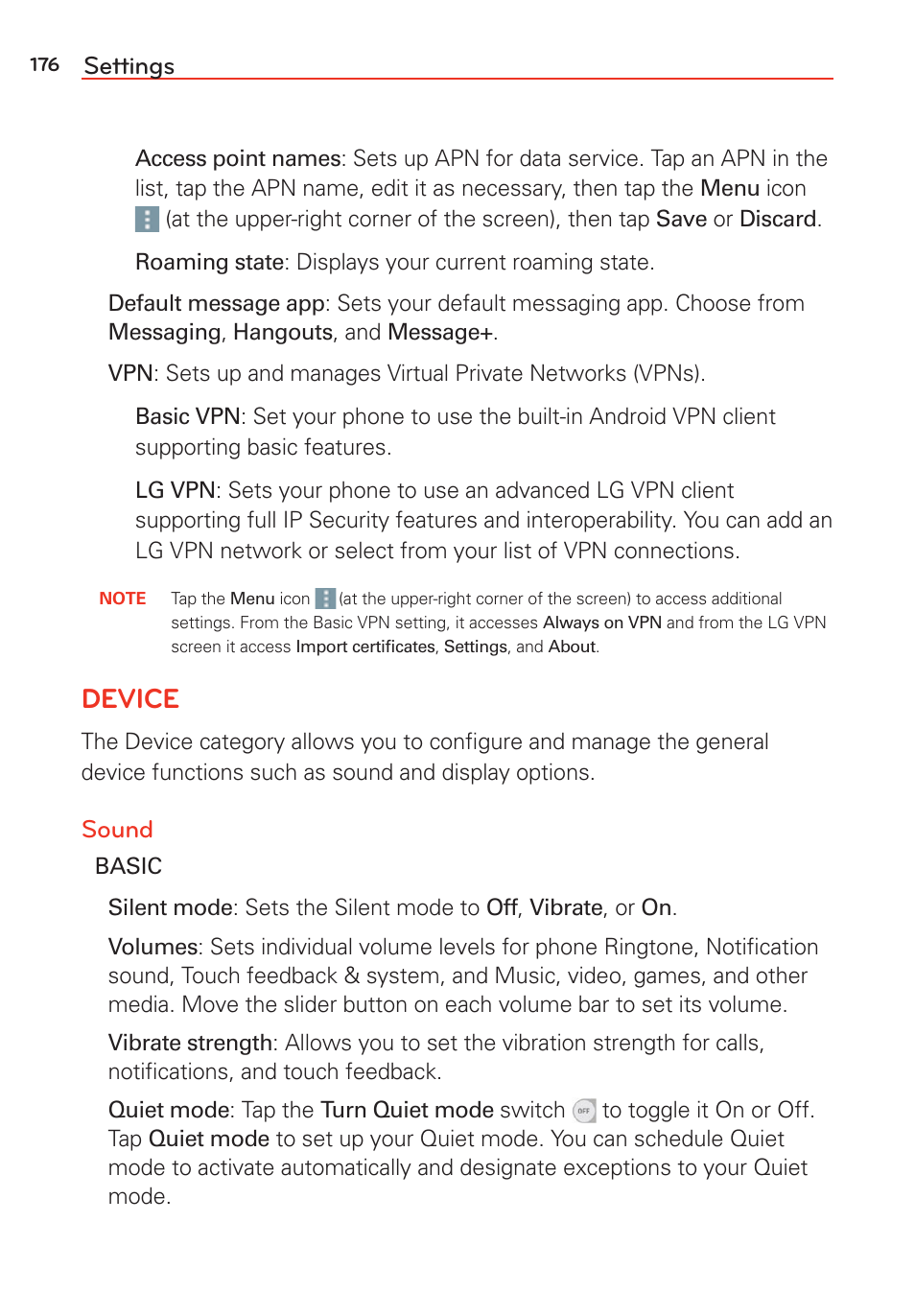 Device, Settings, Sound | LG LGVS985 User Manual | Page 178 / 245