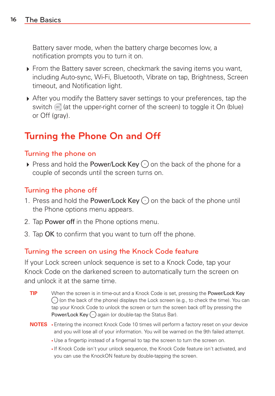 Turning the phone on and off, The basics, Turning the phone on | Turning the phone off, Turning the screen on using the knock code feature | LG LGVS985 User Manual | Page 18 / 245