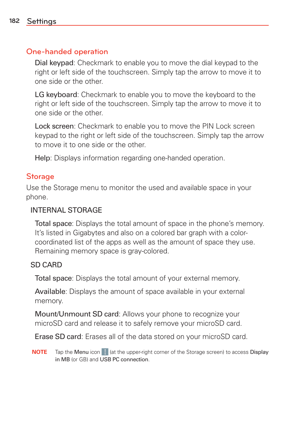 Settings one-handed operation, Storage | LG LGVS985 User Manual | Page 184 / 245