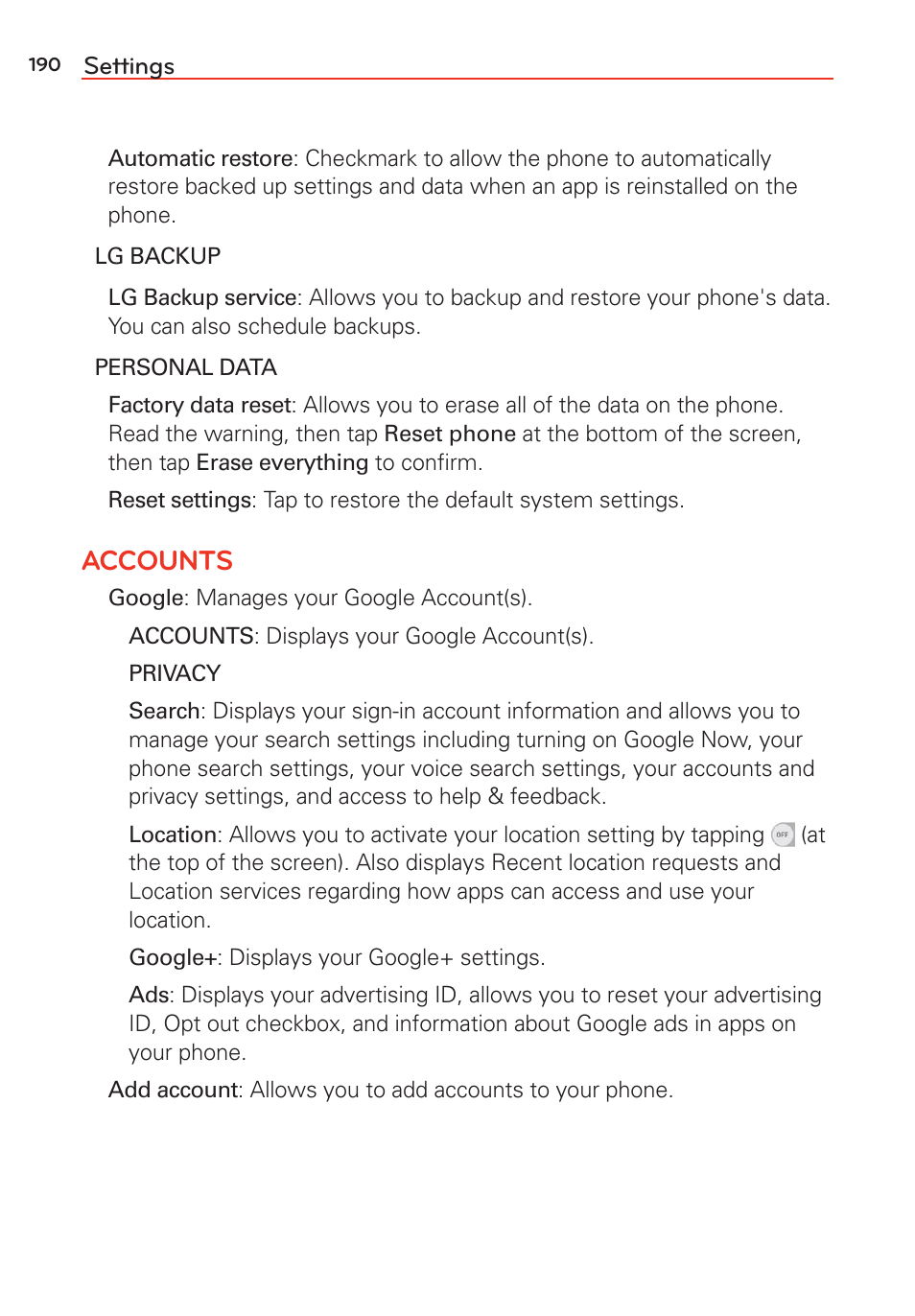 Accounts | LG LGVS985 User Manual | Page 192 / 245