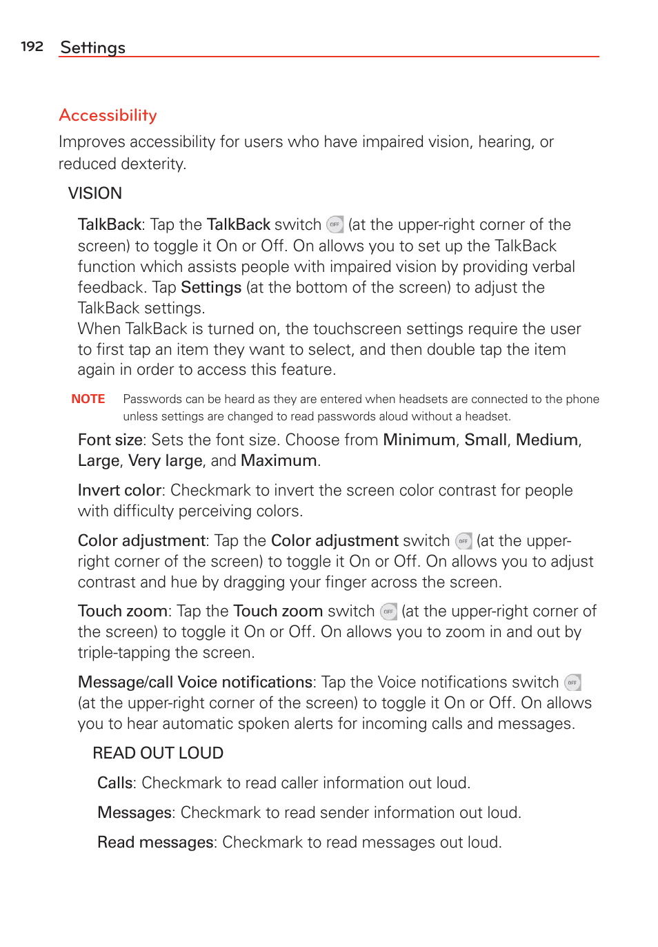 Settings accessibility | LG LGVS985 User Manual | Page 194 / 245