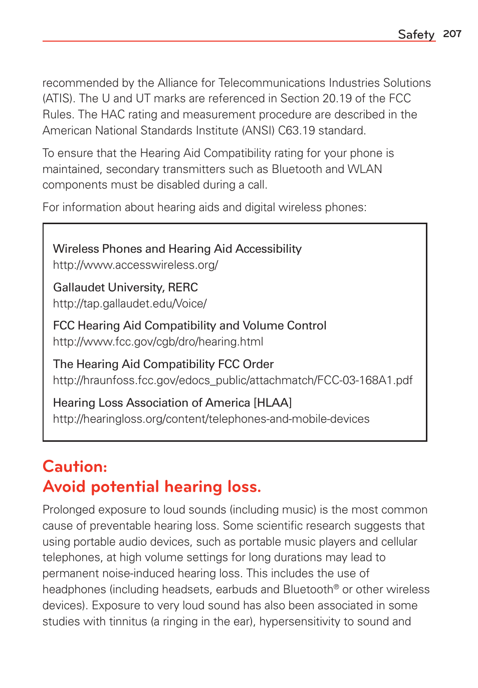 Caution: avoid potential hearing loss | LG LGVS985 User Manual | Page 209 / 245