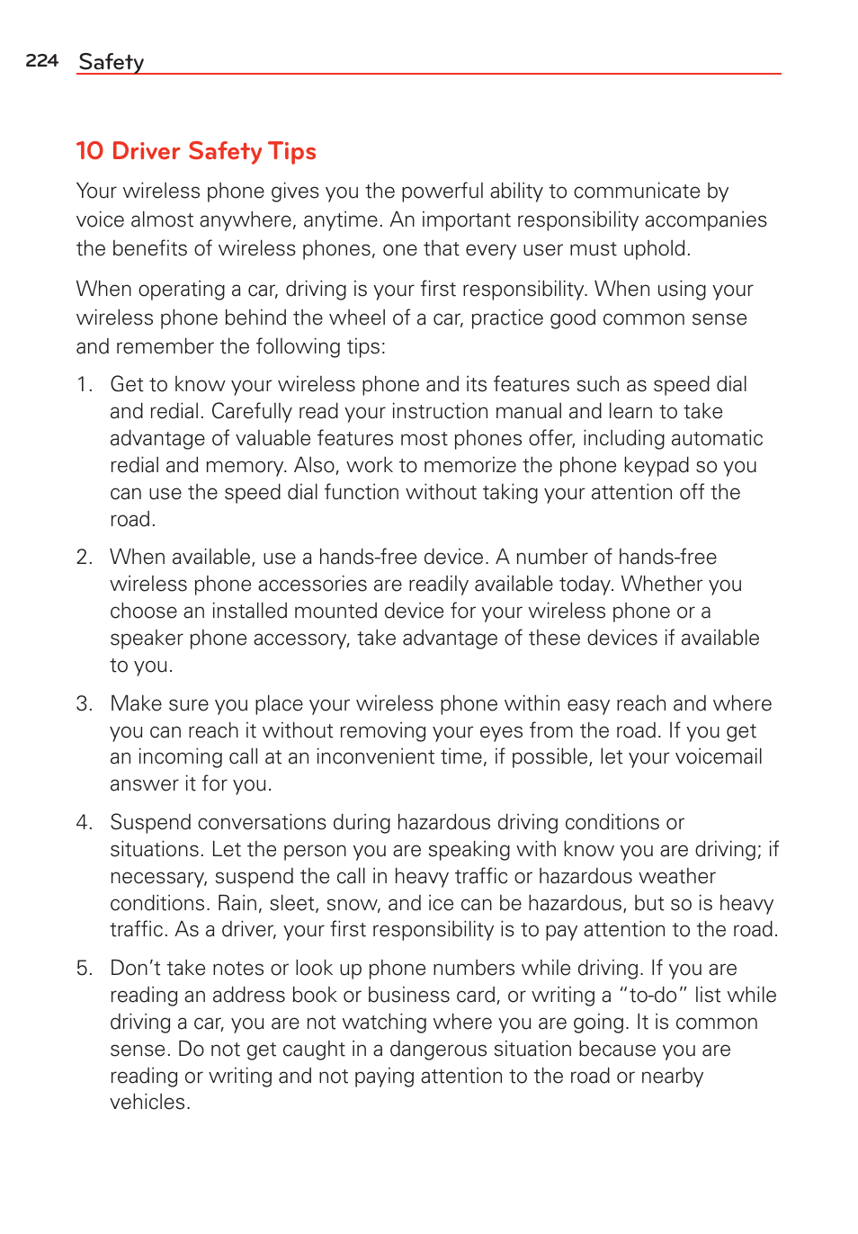 10 driver safety tips | LG LGVS985 User Manual | Page 226 / 245