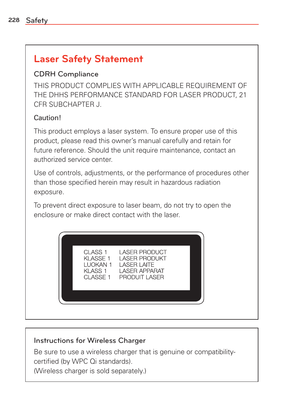 Laser safety statement | LG LGVS985 User Manual | Page 230 / 245