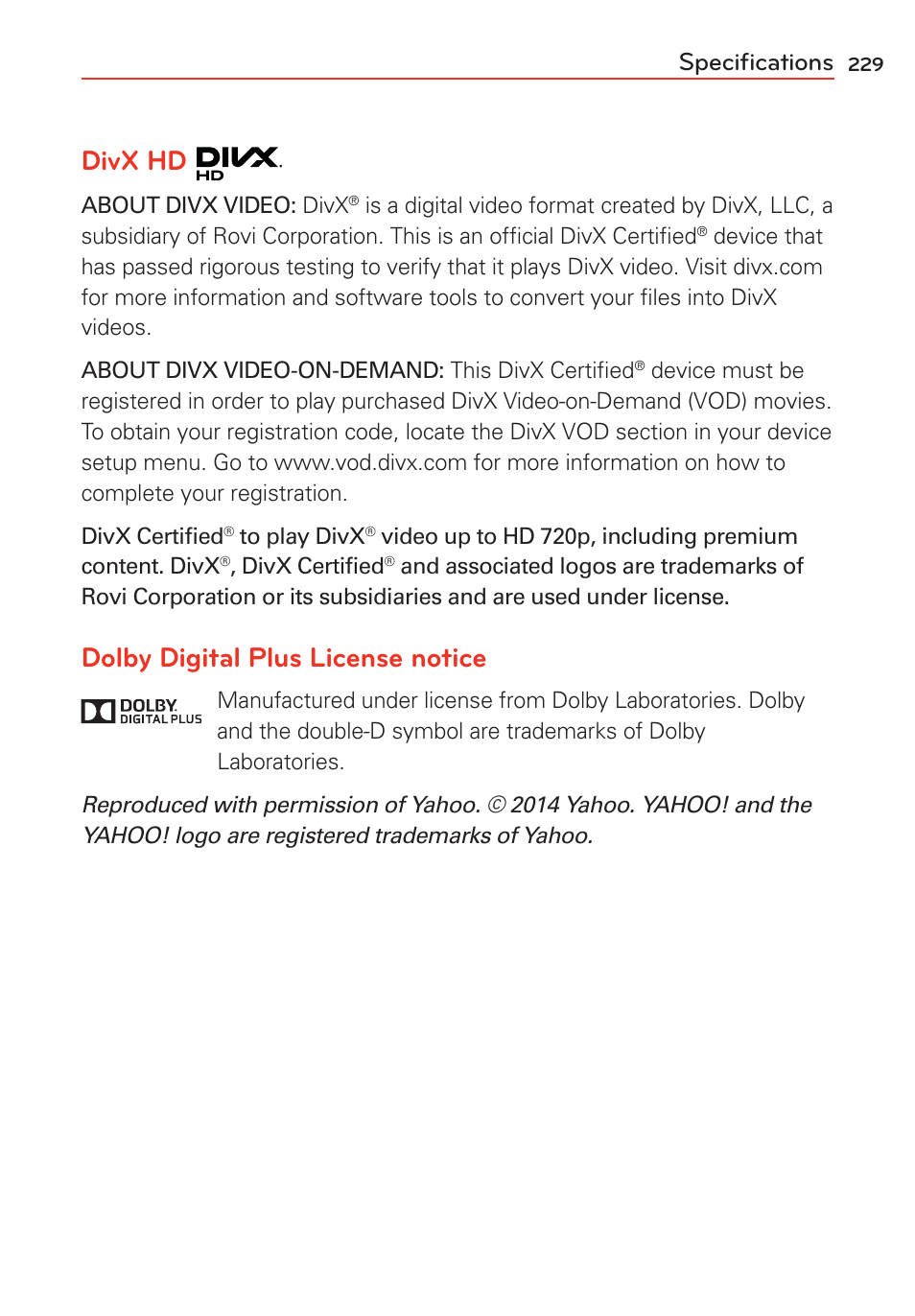 Specifications, Speciﬁcations, Divx hd | Dolby digital plus license notice | LG LGVS985 User Manual | Page 231 / 245