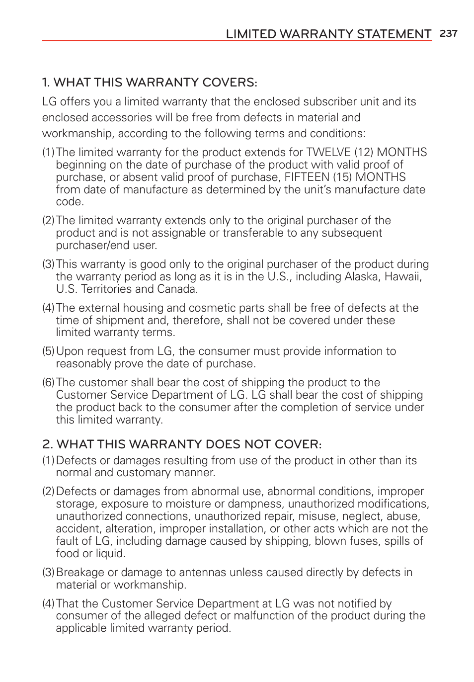 Limited warranty statement | LG LGVS985 User Manual | Page 239 / 245