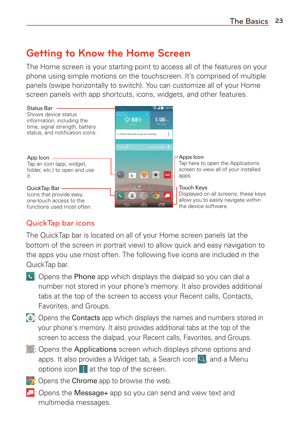 Getting to know the home screen, The basics, Quicktap bar icons | LG LGVS985 User Manual | Page 25 / 245