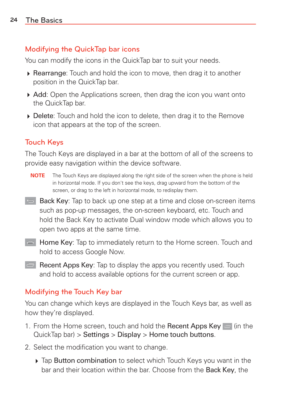 The basics modifying the quicktap bar icons, Touch keys, Modifying the touch key bar | LG LGVS985 User Manual | Page 26 / 245