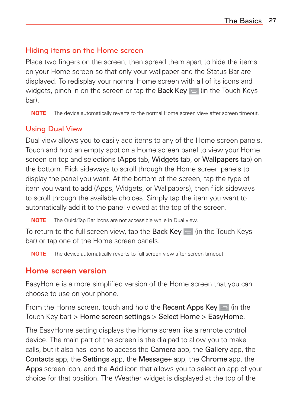 Home screen version, The basics hiding items on the home screen, Using dual view | LG LGVS985 User Manual | Page 29 / 245