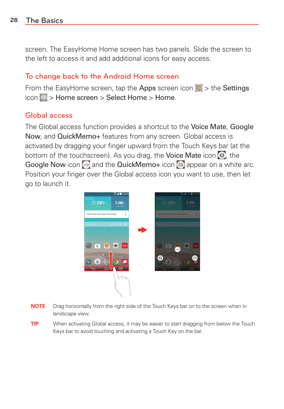 The basics, Global access | LG LGVS985 User Manual | Page 30 / 245