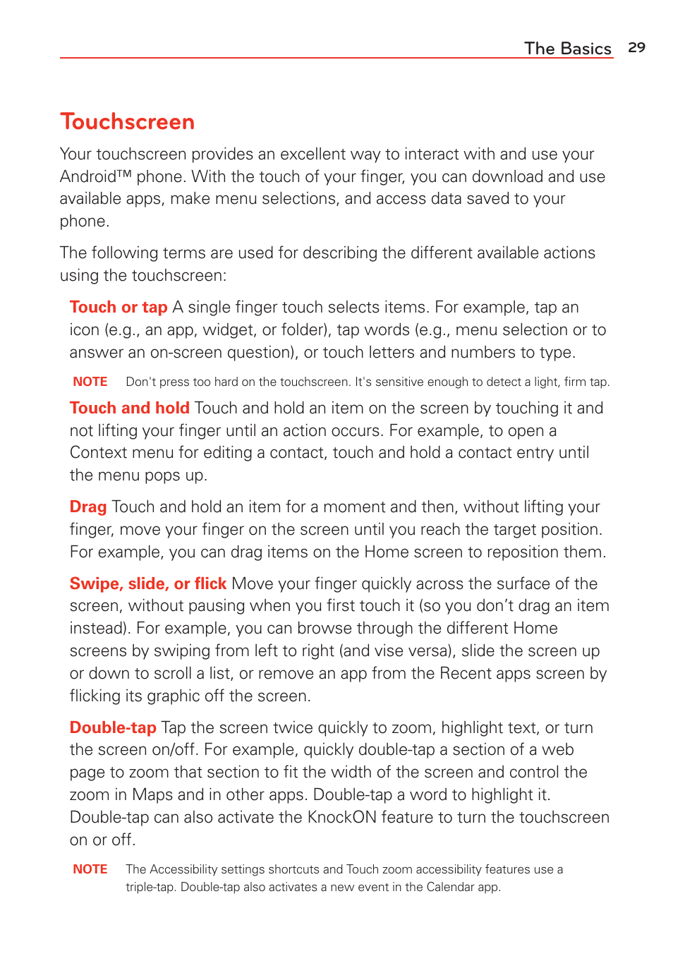 Touchscreen, The basics | LG LGVS985 User Manual | Page 31 / 245