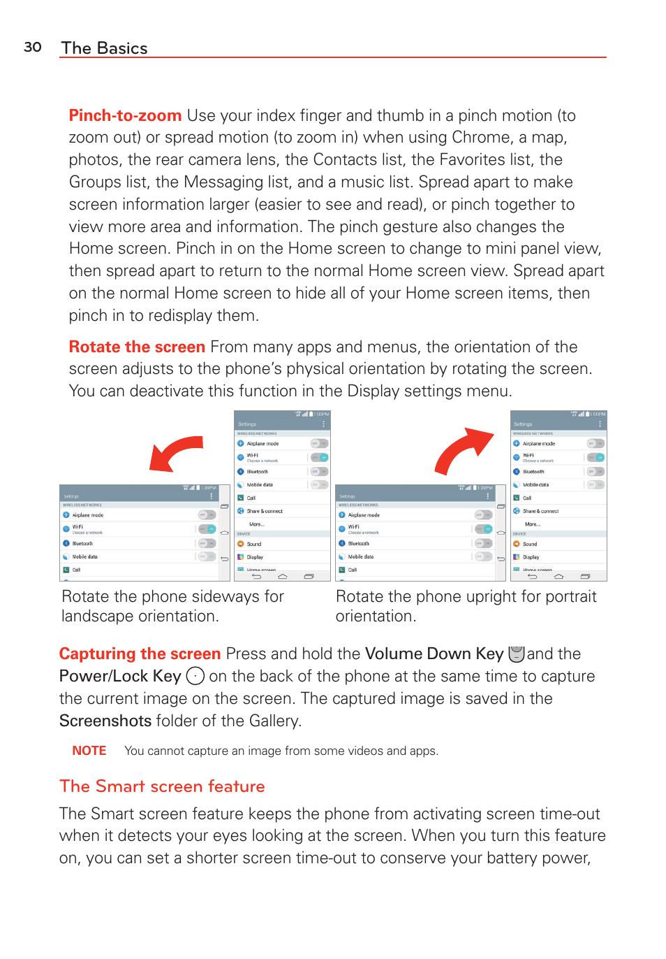 The basics, The smart screen feature | LG LGVS985 User Manual | Page 32 / 245