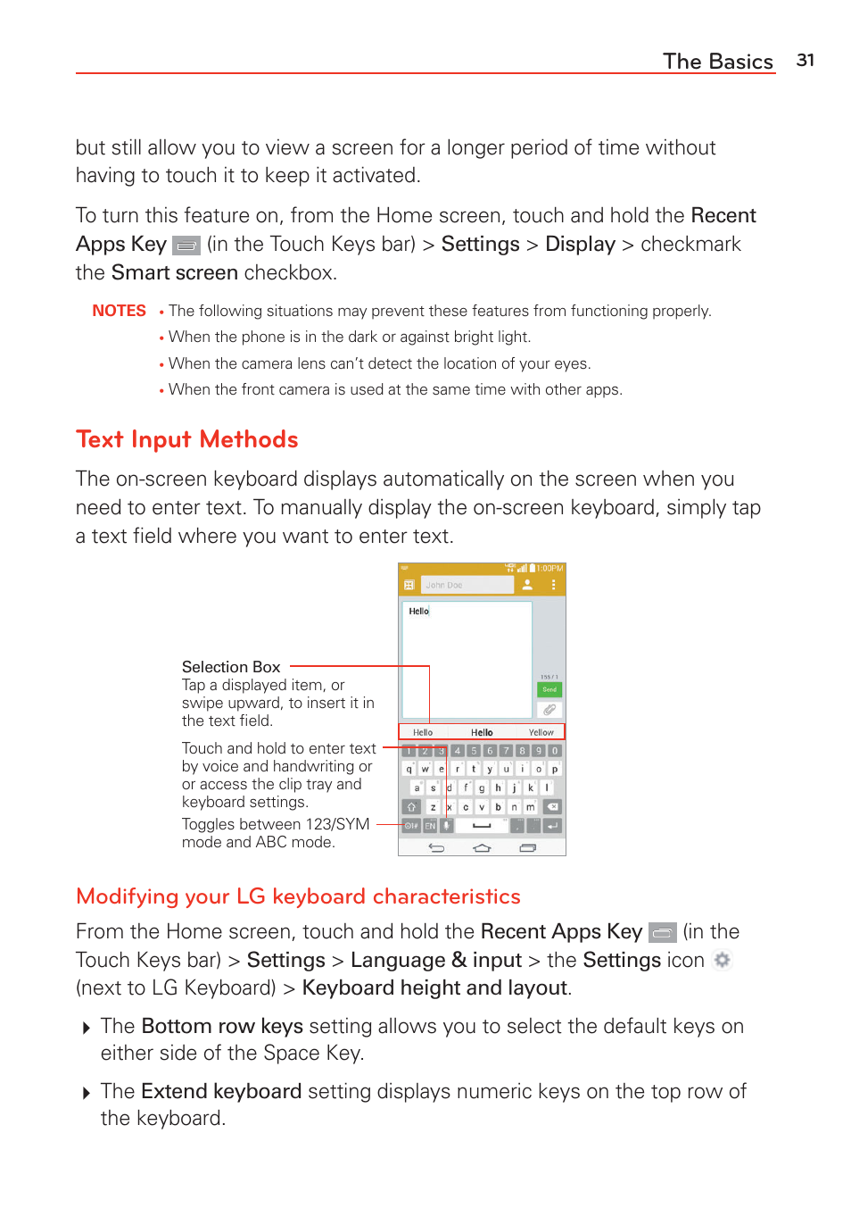 Text input methods, The basics, Modifying your lg keyboard characteristics | LG LGVS985 User Manual | Page 33 / 245