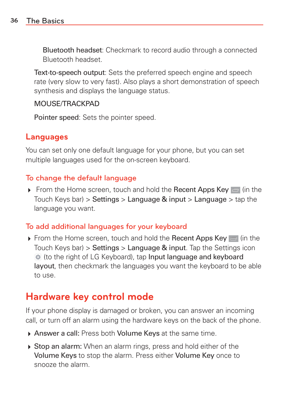 Hardware key control mode, Languages | LG LGVS985 User Manual | Page 38 / 245