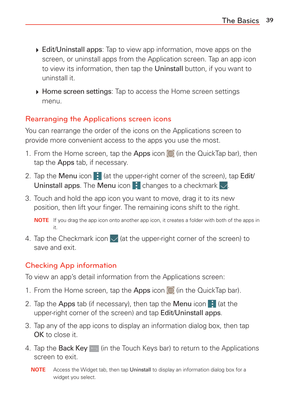 The basics, Rearranging the applications screen icons, Checking app information | LG LGVS985 User Manual | Page 41 / 245