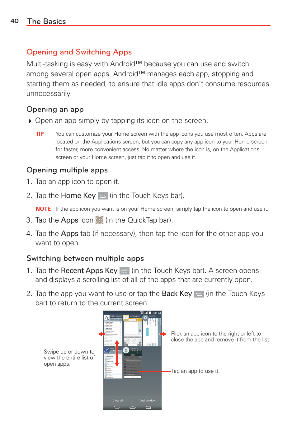 The basics opening and switching apps | LG LGVS985 User Manual | Page 42 / 245