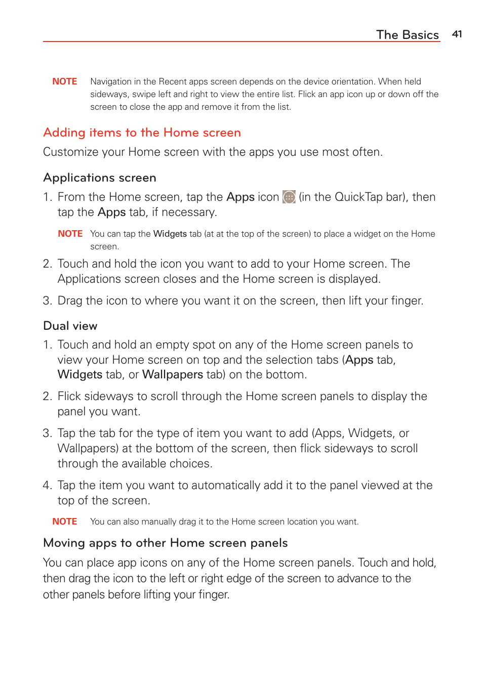 The basics, Adding items to the home screen | LG LGVS985 User Manual | Page 43 / 245