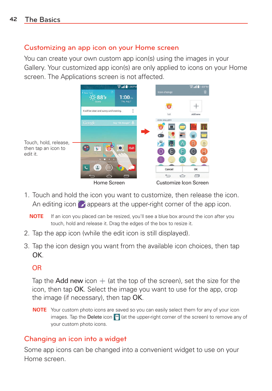 Changing an icon into a widget | LG LGVS985 User Manual | Page 44 / 245