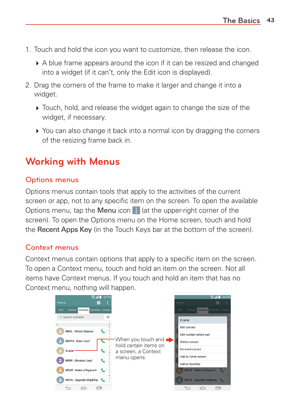 Working with menus | LG LGVS985 User Manual | Page 45 / 245