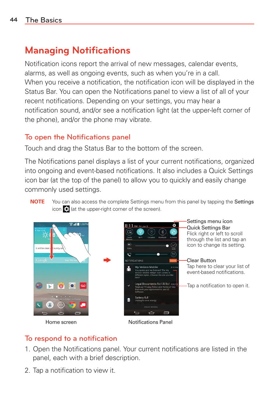 Managing notifications, Managing notiﬁcations, The basics | LG LGVS985 User Manual | Page 46 / 245