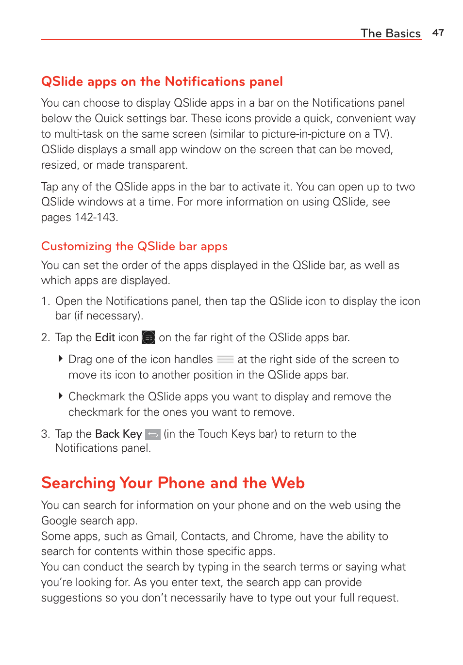 Searching your phone and the web, Qslide apps on the notiﬁcations panel | LG LGVS985 User Manual | Page 49 / 245