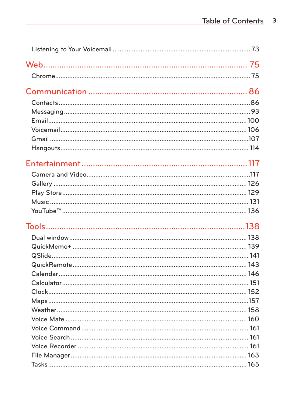 Communication, Entertainment, Tools | LG LGVS985 User Manual | Page 5 / 245