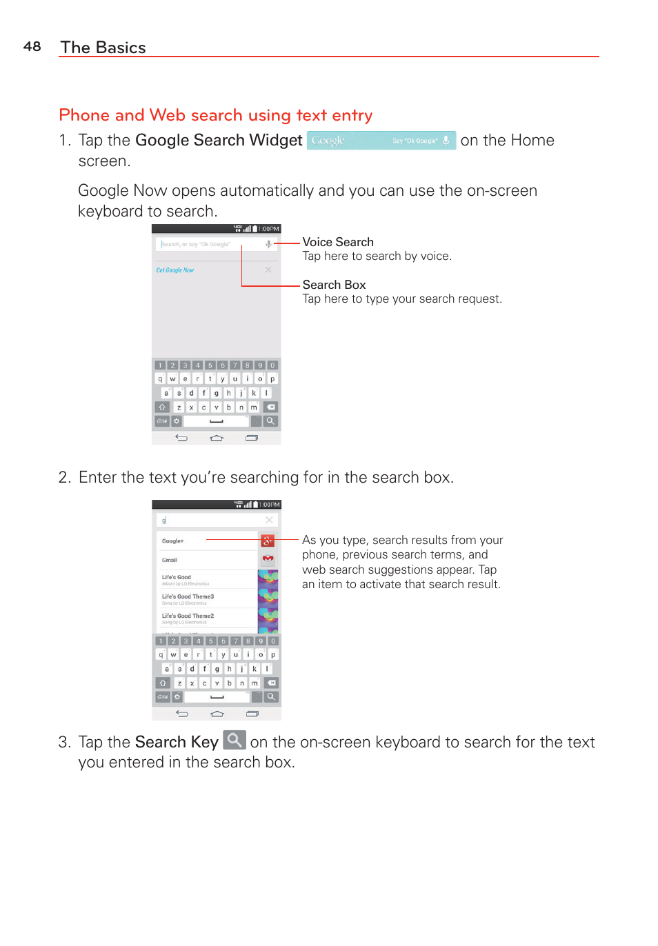 The basics phone and web search using text entry | LG LGVS985 User Manual | Page 50 / 245