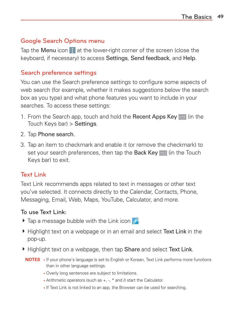 The basics google search options menu, Search preference settings, Text link | LG LGVS985 User Manual | Page 51 / 245