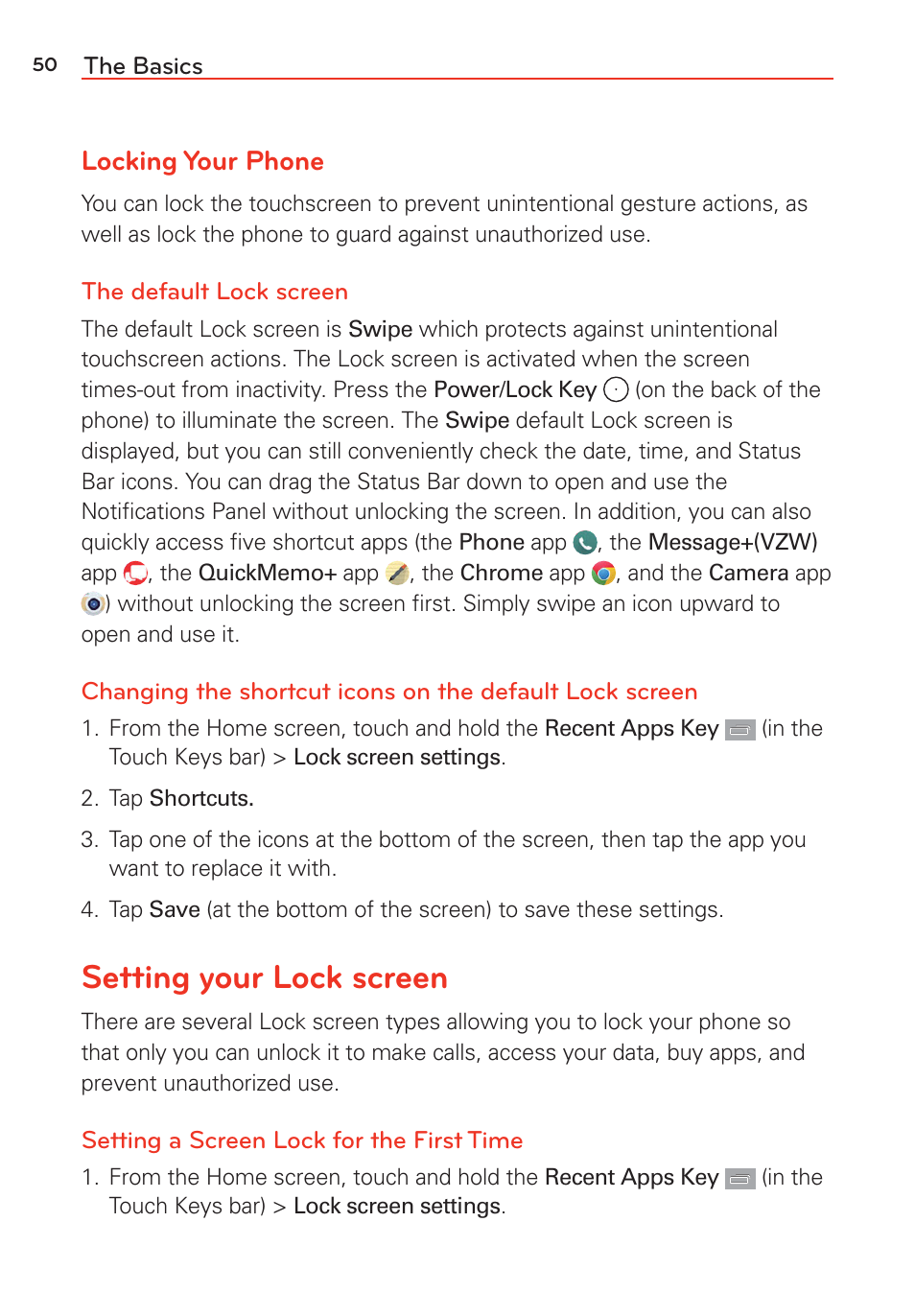 Setting your lock screen, Locking your phone | LG LGVS985 User Manual | Page 52 / 245