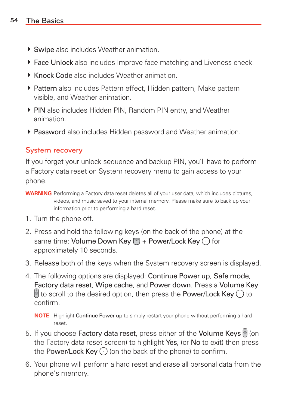 The basics, System recovery | LG LGVS985 User Manual | Page 56 / 245