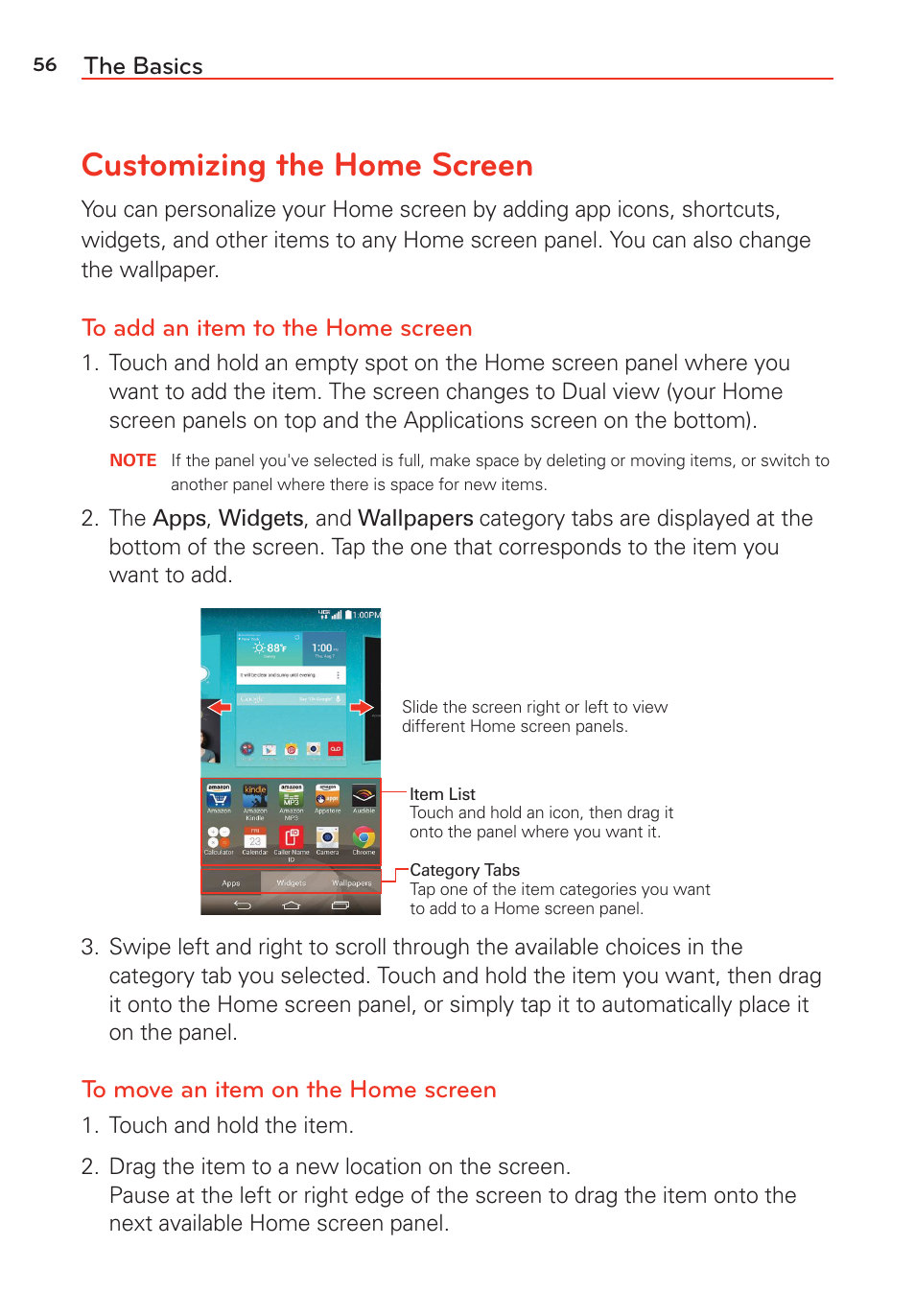 Customizing the home screen, The basics | LG LGVS985 User Manual | Page 58 / 245