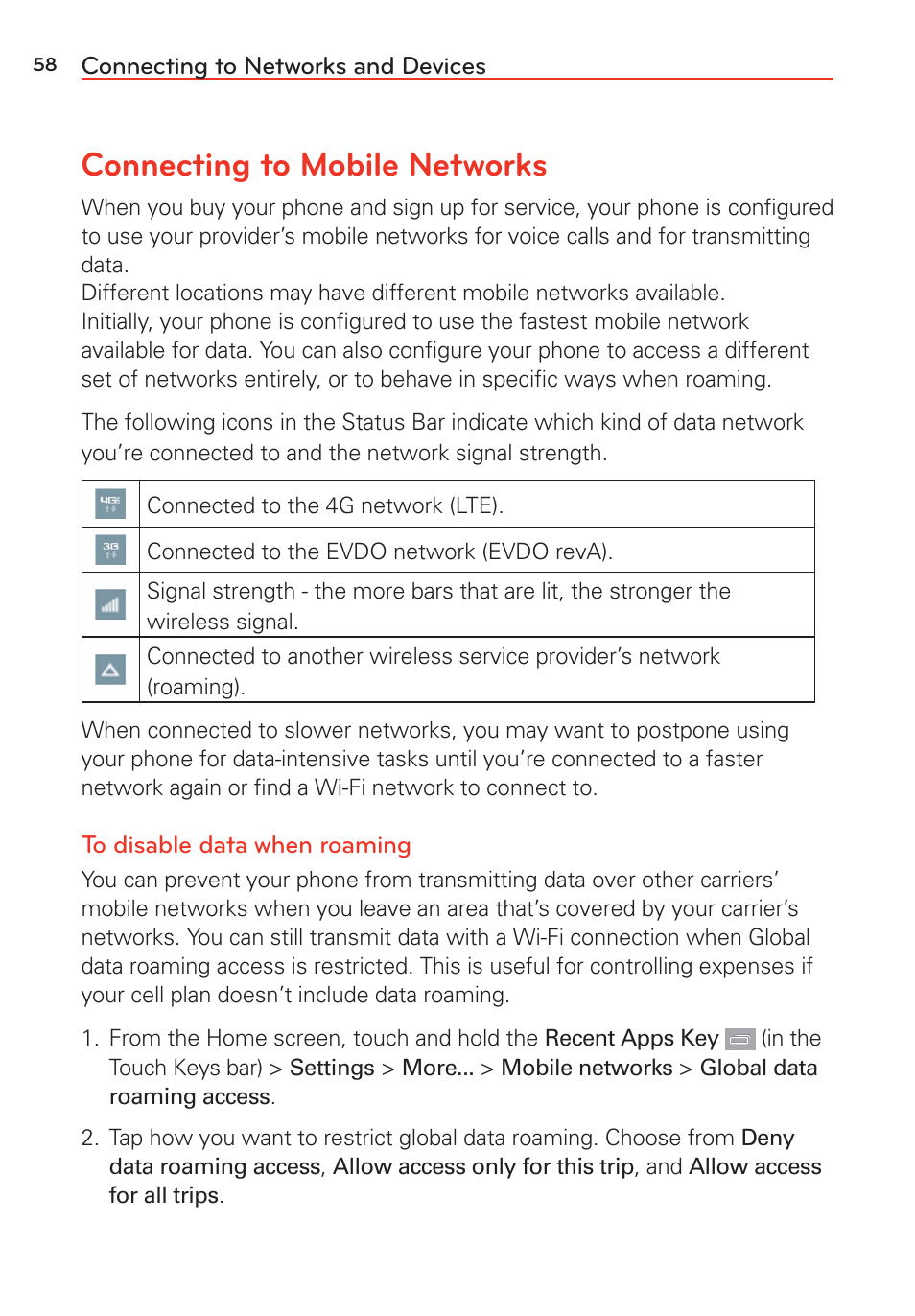 Connecting to networks and devices, Connecting to mobile networks | LG LGVS985 User Manual | Page 60 / 245