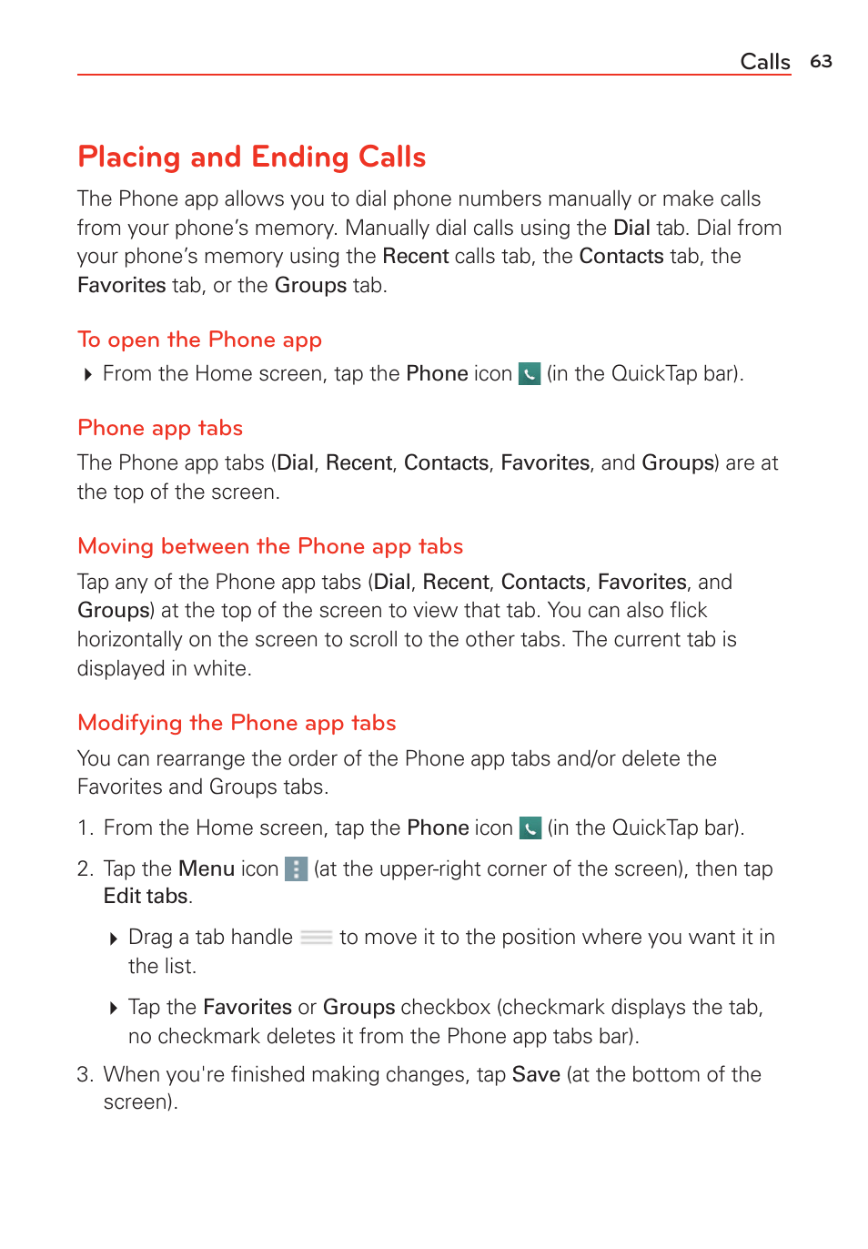 Calls, Placing and ending calls | LG LGVS985 User Manual | Page 65 / 245